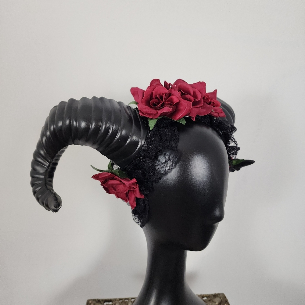 Krampus Devil Demon Horn Headband Red Rose Flowers Costume Head Piece Head Dress - Picture 5 of 9